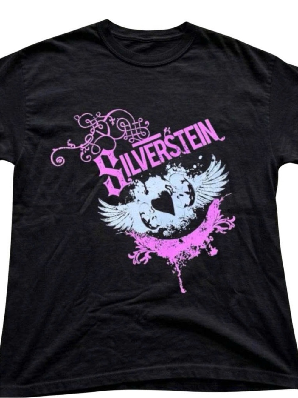 Black Graphic Tee - Pink & White Winged Heart Design